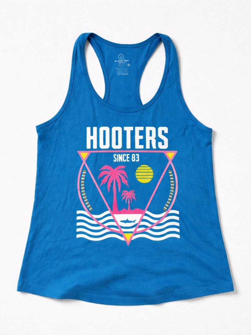 Hooters Bright Blue Tank with Neon Tropical Graphic